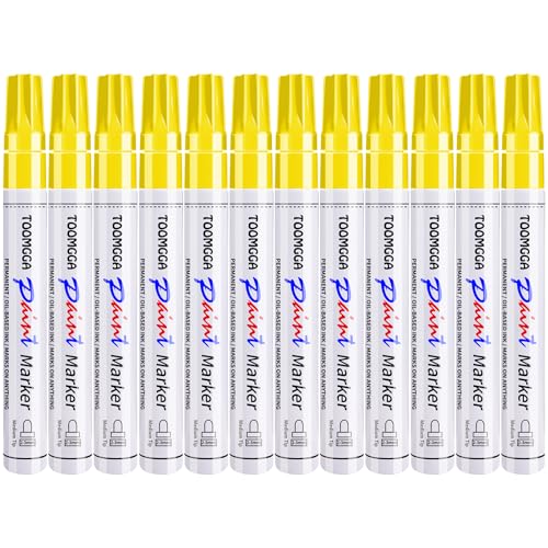 TOOMGGA 12 Yellow Paint Pens Permanent Paint Markers, Oil Based Medium Tip | Marking Pens, Quick Drying, Waterproof, Fade-resistant, for Rock Painting, Car Tyre, Metal, Plastic, Canvas, Wood, Glass - color: Yellow