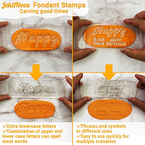 4 PCS Alphabet Letter Fondant Stamps for Biscuit Cake Cookie, Upgraded Food Grade Alphabet Cake Stamp Tool Uppercase Extra Spare Lowercase Numbers Phrases for Christmas Party Reusable Cookie Stamp - color: Clear