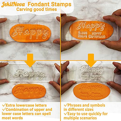 4 PCS Alphabet Letter Fondant Stamps for Biscuit Cake Cookie, Upgraded Food Grade Alphabet Cake Stamp Tool Uppercase Extra Spare Lowercase Numbers Phrases for Christmas Party Reusable Cookie Stamp - color: Clear