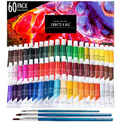Crafts 4 All Acrylic Paint Set for Adults and Artists - 60 Pack of 12mL Paints with 3 Art Brushes, Non-Toxic Craft Paint for Easter Eggs, Ceramic Rock - Art Supplies - size: 0.38 Fl Oz (Pack of 63)
