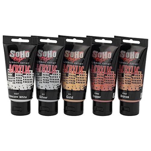 Soho Urban Artist Heavy Body Acrylic Paint - Set of 5-75mL - Metallic - Thick, Rich Color, Excellent Coverage, Professional Quality - Artists Acrylic Paint