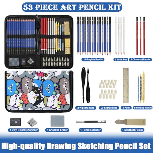 53 PCS Drawing Kit Sketching Pencil Set, Sketch Pencils Art Supplies with Graphite, Charcoal, Blending Tools, Drawing Pencils for Artists Adults Beginner Family Friends