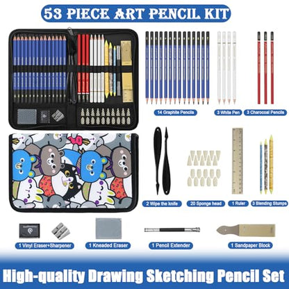 53 PCS Drawing Kit Sketching Pencil Set, Sketch Pencils Art Supplies with Graphite, Charcoal, Blending Tools, Drawing Pencils for Artists Adults Beginner Family Friends