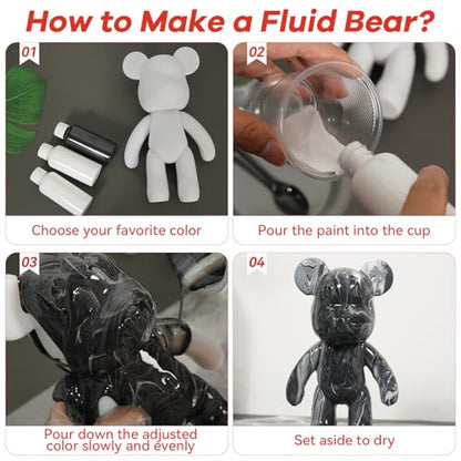 YONXID DIY Fluid Bear Painting Kit - Fluid Art Pour Paint Bear Set - Full Drip Paint Bears Kit with Spill Tray & Apron for Family Activity, Date Night, and Holiday Gifts, 9.05 Inches, Gold+Black+Gray - color: gold+black+gray(Easy DIY)