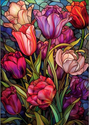 Tulips Diamond Art Painting Kits for Adults - Stained Glass Flower Round Full Drill Diamond Dots Paintings for Beginners, 5D Paint with Diamonds Pictures Gem Art Painting Kits DIY Crafts Project - color: tulip