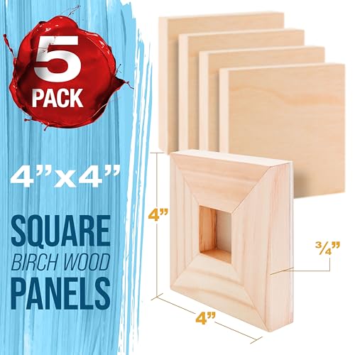 U.S. Art Supply 04" x 04" Unfinished Cradled Wood Panels for Painting, Studio 3/4" Deep (5 Pack) - Artist Depth Birch Wooden Wall Canvases - Mixed-Media Craft, Acrylic, Oil, Encaustic, Paint Pouring - size: 4" x 4", style: Square