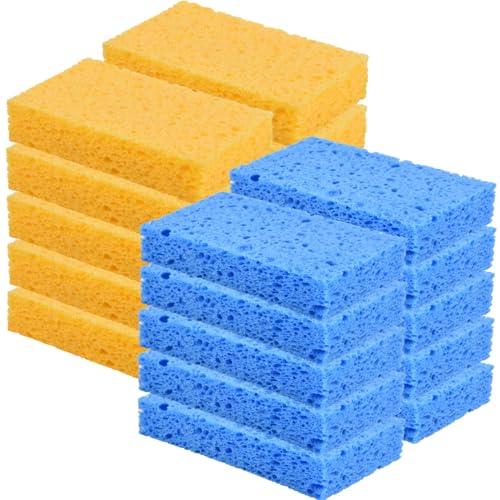 YoleShy 20 Pack Sponges Kitchen Natural Compressed Cellulose Sponges for Dishes Non Scratch for Household Cookware Bathroom Cars Soft Super Absorbent Reusable, Blue and Yellow