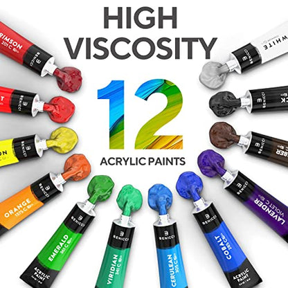 Complete Acrylic Paint Set – 12х Rich Pigment Colors & 6x Art Brushes - Includes 3 Paint Canvases, Palette Knife & Sponge - Perfect for Canvas, Clay, Ceramic - Non-Toxic, Great for Kids & Adults