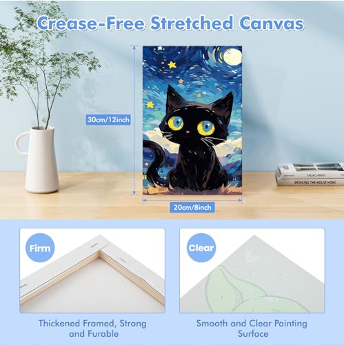 Bowetile Starry Night Cat Paint by Numbers for Adults Beginners Framed, Easy Adults' Paint-by-Number Kits, Adult Paint by Number Kits on Canvas, Acrylic Number Painting for Home Decor, 8x12in - color: Starry Night Cat