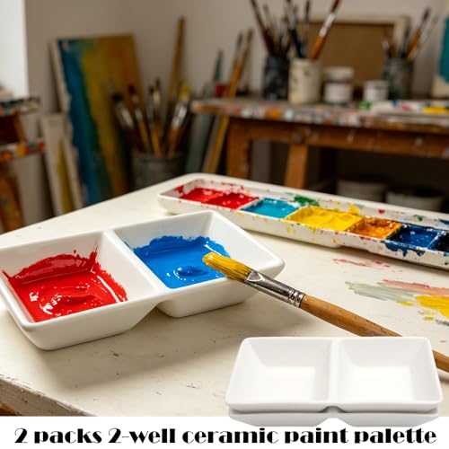 2 Pack Ceramic Paint Palette 2 Well Watercolor Painting Mixing Palette Dish for Watercolor Acrylic Oil Paint Studio Outdoor Use