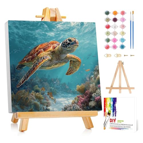Framed Paint by Numbers Kit for Adults Beginner & Kids Ages 8-12 Sea Turtle Adult Paint by Number Kits on Canvas with Easel Animal Painting by Numbers for Adults with Frame DIY Painting Kits 8x8 Inch - color: NZB22, size: 8x8 Inch