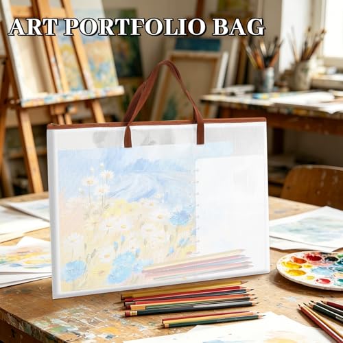 12 Pack A2/A3/A4 Art Portfolio Bags, Blue Brown Yellow Green | Handle and Zipper, Waterproof Mesh, For Artwork Poster Scrapbook Keepsake Bulletin Board, Folder Organizers