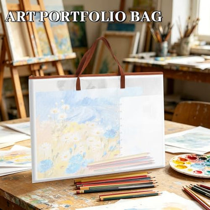 12 Pack A2/A3/A4 Art Portfolio Bags, Blue Brown Yellow Green | Handle and Zipper, Waterproof Mesh, For Artwork Poster Scrapbook Keepsake Bulletin Board, Folder Organizers