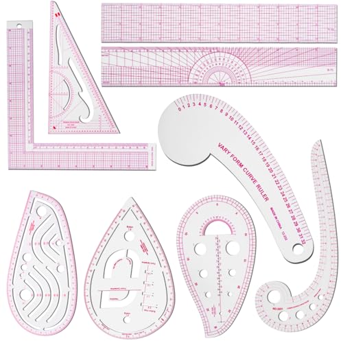 KISEER 9 Pcs Clear Metric Sewing Ruler Set French Curve Pattern Making Ruler Kit for Knitting Tailors Crafting Dress Designers Sewing Beginner Supplies (9 Pcs - A) - size: 9 Pcs - A