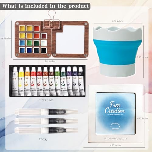 Mini Watercolor Paint Travel Set 15 Grid Palette Wooden Paint Box | Wooden Grid Paint Box with Refillable Water Brush，12 Colors，Wooden Palette，Sketchbook for Kids Painters Students - color: 15 Grid