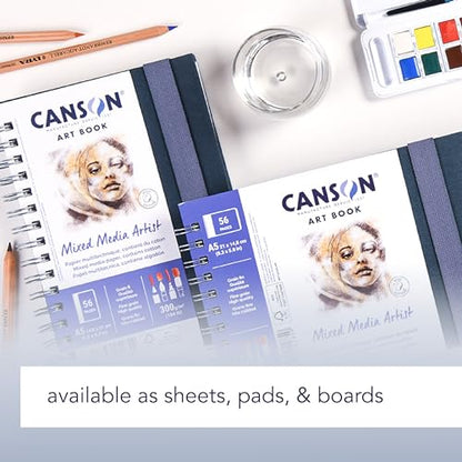 Canson Mixed Media Art Book, 5.8x8.3 inches, 56 Sheets, Blue Cloth Hardcover, Side Wire - Professional Artist Notebook for Painting, Sketching, Drawing - size: 5.8x8.3 inches