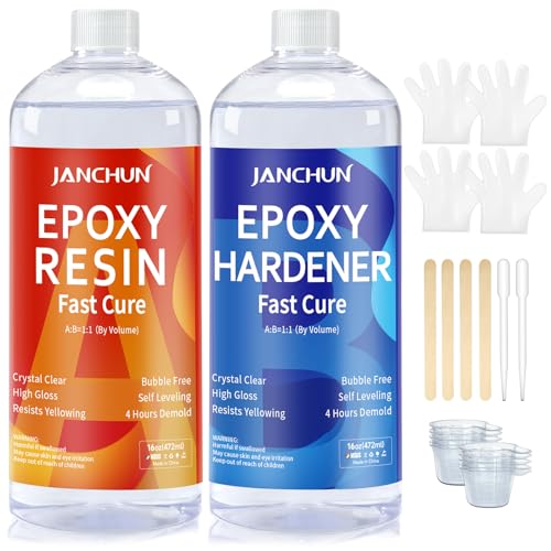 JANCHUN Epoxy Resin Kit 32oz, Bubble Free Crystal Clear Resin | Anti-Yellowing Self Leveling Easy Mix 1:1 Coating and Casting for Art Table Tops Molds Tumblers Crafts Jewelry DIY Gifts - size: 32 fl oz