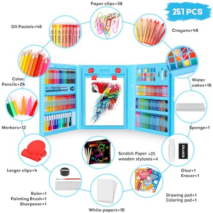 iBayam Art Kit, 251-Pack Art Supplies Drawing Kits, Arts & Crafts Gifts Box | Kids Teen Girls Boys, Art Set Case with Trifold Easel, Scratch Paper, Sketch Pad, Coloring Book, Crayons, Pencils, Watercolor - color: Blue