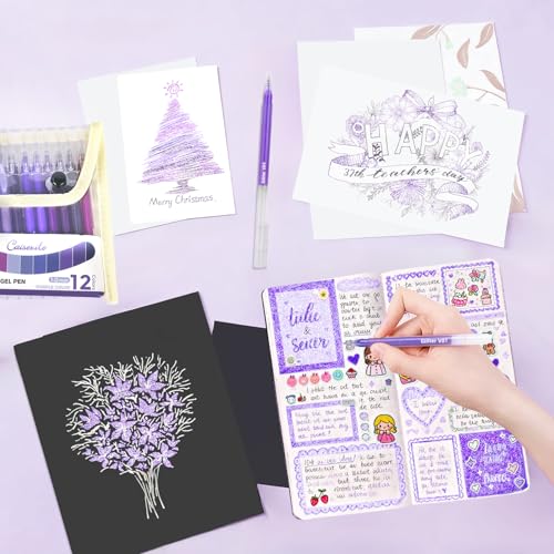 12 Purple Glitter Gel Pens Set, 1.0 mm Fine Point for Black Paper & White Paper, Large Capacity Pens for Journaling, Adult Coloring Books, Drawing, Note Taking, Highlighting - color: purple