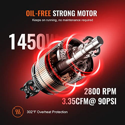 VEVOR 6.3 Gallon Air Compressor, 2 HP 3.35 CFM@90PSI Air Compressors with Max. 116PSI Pressure, Oil Free Compressor Tank for Auto Repair, Tire Inflation, Spray Painting, Woodwork Nailing | Oil Free Compressor Tank for Auto Repair, Tire Inflation, Spray Pa