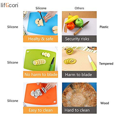Liflicon Silicone Thick Cutting Boards Mats Set of 3 Foldable & Flexible Design Juice Grooves Easy Grip Handle Dishwasher Safe for Kitchen,BPA free Silicone Cutting Board-Green - color: Green, size: S+M+L