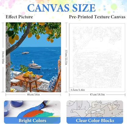ZRIZQ Paint by Numbers Kit for Adults Beginner,Lemon Tree Sea,16x20 | Full set with wooden brushes,rolled canvas,rich paints.Calming activity.Beginner friendly.Just open and paint. - color: 16"X20"Rolled Canvas(Frameless)-Landscape 3