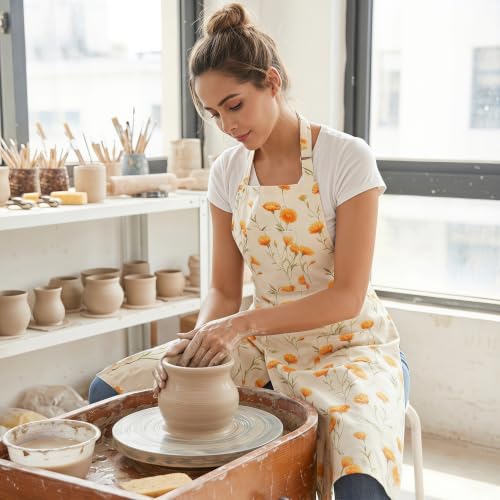 Nanxson Pottery Apron Split Leg with 3 Pockets & Adjustable Buckle | cotton material,Long apron,adjustable waist tie,for Pottery Ceramic Wheel DIY Art Garden - color: Yellow Flower