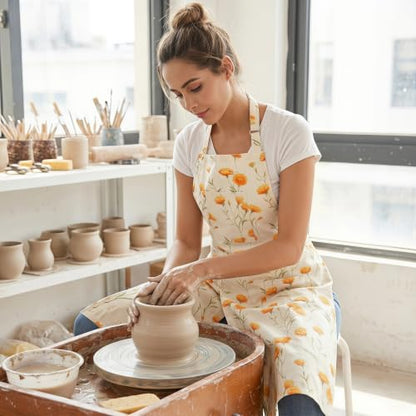 Nanxson Pottery Apron Split Leg with 3 Pockets & Adjustable Buckle | cotton material,Long apron,adjustable waist tie,for Pottery Ceramic Wheel DIY Art Garden - color: Yellow Flower