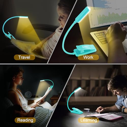 Gritin 9 LED Rechargeable Book Light for Reading in Bed | Eye Caring 3 Color Temps,Stepless Dimming Brightness,80 Hrs Runtime Small Lightweight Clip On Book Reading Light-Blue - color: Blue