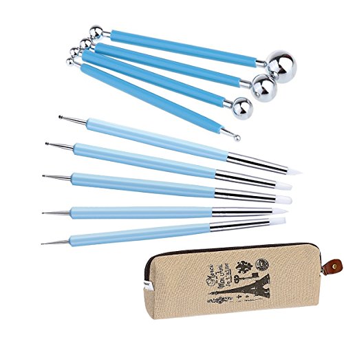Ecjiuyi 9PCS Sculpting Tools,4PCS Double-Ended Metal Ceramic Clay Ball Stylus Dotting Tools and 5PCS 2 Way Silicone Polymer and Embossing Paper Flower Indentation Tool Set - color: blue