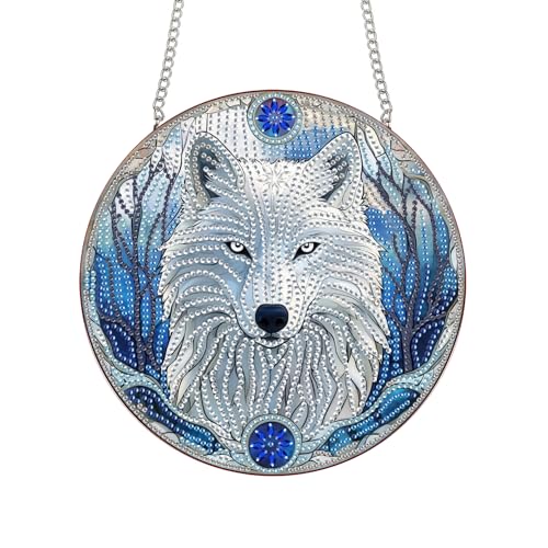Bimkole White Wolf Hanging Diamond Pearl Art Kits for Adults Pendant C20 | DIY 5D Special Crystal Diamond Painting Animals Window Suncatcher, Acrylic Pearl Art Autumn Winter Wall Decor 7.8x7.8 Inch - color: White wolf