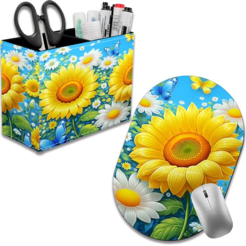 Pen Holder for Desk, PU Leather Multifunctional Desktop Storage Box and Anti-Slip Mouse Pad Set, Makeup Brush Holder Pen Organizer for Office and Home - Sunflower Daisy - color: Sunflower Daisy