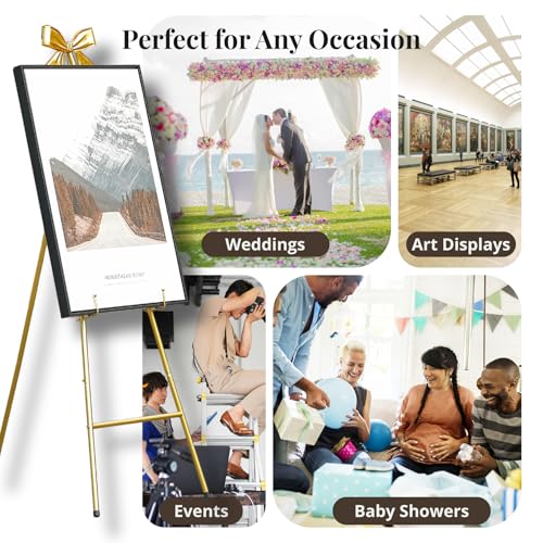 53”H Metal Gold Easel Stand for Sign Heavy Duty with Bow Top | Large Adjustable Display Standing for Wedding Displaying Pictures Poster Holder Showcasing - color: Golden bow top