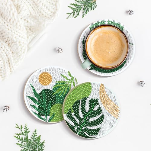 Boho Diamond Art Coasters - 8 Pcs DIY Green Plant Diamond Painting Coasters Kits with Holder for Drinks Coffee Aesthetic Gem Art Crafts Supplies Birthday Easter Gift for Beginners Adults - color: Boho Plant
