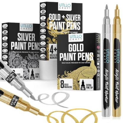 Utillo Craft Silver Paint Pen (8-Pack), 0.7mm Extra Fine Paint Markers - color: Silver