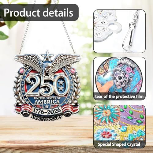 ARPADAMO Hanging Ornament Diamond Art Kits for Adults Eagle 6.9x7.2in | 5D Patriotic DIY Special Shaped Crystal US 250th Anniversary July 4 Diamond Painting Kit,Window Hanging Gift for Home Garden - color: DP03978