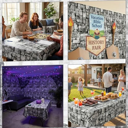 300FT x 54IN Stone Wall Plastic Tablecloth Roll with Slide Cutter Box | Heavy Duty Disposable Table Cover & Wall Backdrop, Cut-to-size for Medieval Party, Community, BBQ & Holiday Events - color: Deep Gray, size: 3600" x 54" (Rectangular)