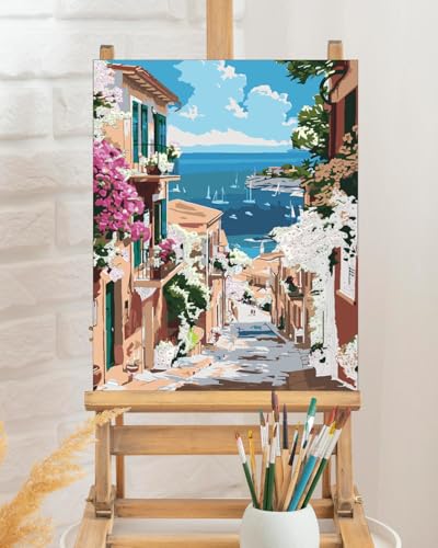 TOCARE Mediterranean Paint by Numbers Kit for Adults Beginner, Greece Paint by Number Canvas Kit, Acrylic Adults' Paint-by-Number Kits Landscape 16x20inch (Without Framed) - color: TC-OPC-358