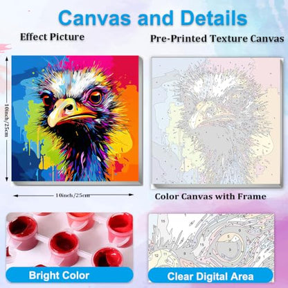 Artunion Framed Paint by Numbers Kit for Adults Beginners & Kids Ages 8-12,Colorful Ostrich Paint by Number with Frame,Animal Paint by Numbers Kit on Canvas 10 * 10 Inch Without Easel - color: ZXT-392-F
