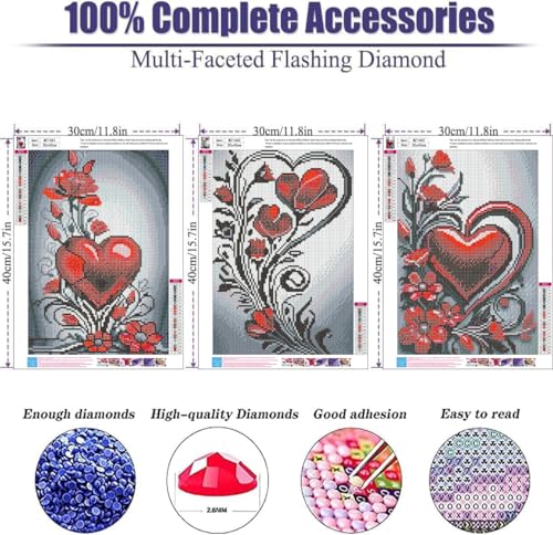 3 Pack Diamond Art Kits for Adults, Flowers Diamond Painting Kit 12x16 inch - color: 3 Pack Valentines, size: 11.8x15.7in(30x40cm)
