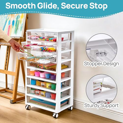 Vtopmart 8 Tier Rolling Cart with Drawers, Clear Plastic | Removable Dividers, Visible Storage, Sturdy Design, For Building Blocks, Toys, Art, Office & Craft Supplies - style: 8 Tier 8 Drawers