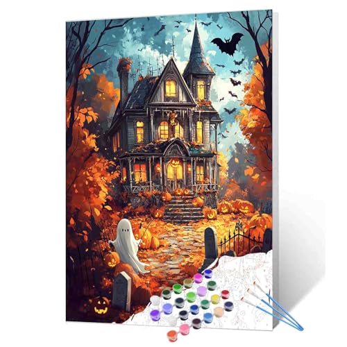 Halloween Spooky Castle Scenery Paint by Number Kit 16 x 20 inch Canvas Pumpkins Bats Witch Halloween DIY Oil Painting for Adults Beginner with Brushes and Acrylic Pigment-Witch's Night(without Frame) - color: Pbn Halloween 09, size: 16''x20''(Frameless)