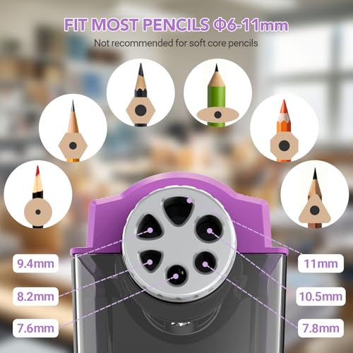 AFMAT Electric Pencil Sharpener for Classroom, 6 Holes, Cordless & Rechargeable, Super Fast, Auto Stop, 10K+ Uses, Heavy Duty Pencil Sharpener for 6-11mm No.2/Large/Colored Pencils PSD4(Purple) - color: Purple