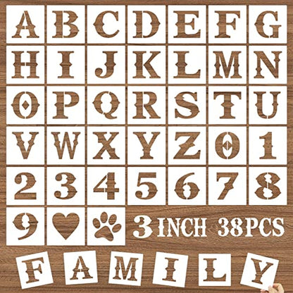 3 Inch Letter Stencils and Numbers, 38 Pcs Alphabet DIY Craft Stencils, Reusable Plastic Drawing Templates for Painting on Wood, Wall, Fabric, Rock, Floor, Signage, Door Porch - size: 3 Inch