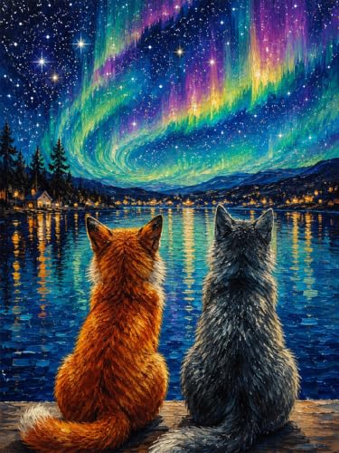 MBNTJHT Cat Diamond Painting Kits for Adult Beginners,Aurora Scenery Diamond Art Kits for Adults,DIY 5D Full Drill Starry Night Gem Art and Crafts for Home Decor Gifts 12X16 Inch. - color: G9967