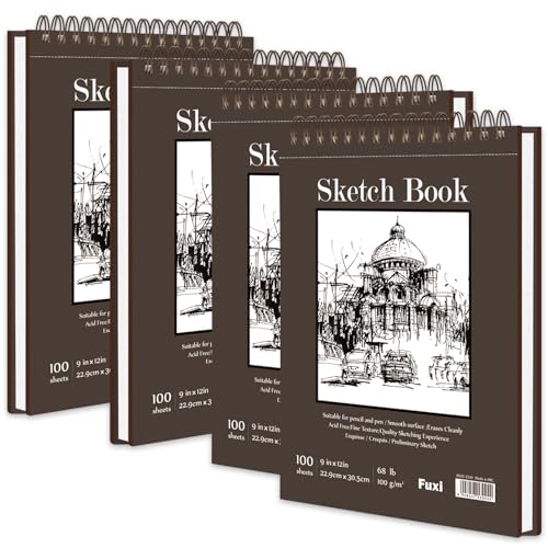 9 x 12 inches Sketch Book, Top Spiral Bound Sketch Pad, 4 Pack 100 Sheets Each (68lb/100gsm), Acid Free Art Sketchbook Artistic Drawing Painting Writing Paper for Kids Adults Beginners Artists - color: Brown, size: 9" x 12" (Pack of 4)