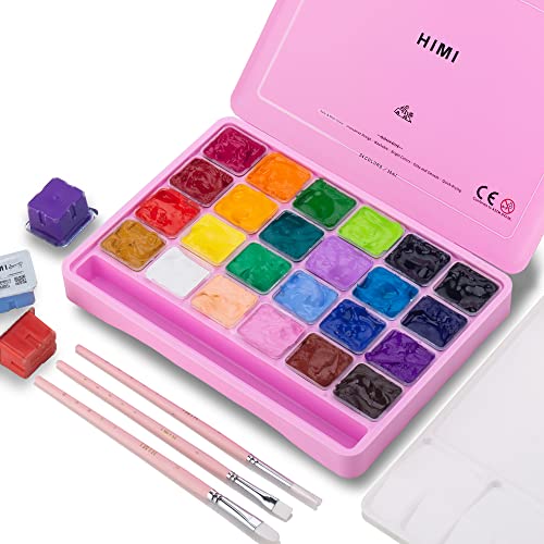 HIMI Gouache Paint Set, 24 Colors x 1 oz, Jelly Cup, Non-Toxic(Pink) | 3 brushes and palette, Opaque matte finish, smooth blending, low odor, portable case, for students and beginners - color: Pink
