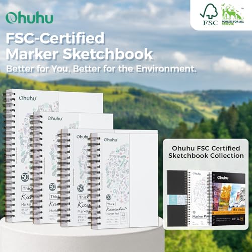 Ohuhu 9"x12" Double-Sided Bleedproof Marker Pad Art Sketchbook 50 Sheets | Large Sketch Book - 160 LB/280 GSM Smooth Drawing Paper - 50 Sheets/100 Pages - Spiral-Bound Sketch Pad for Alcohol Markers - size: 9" x 12"