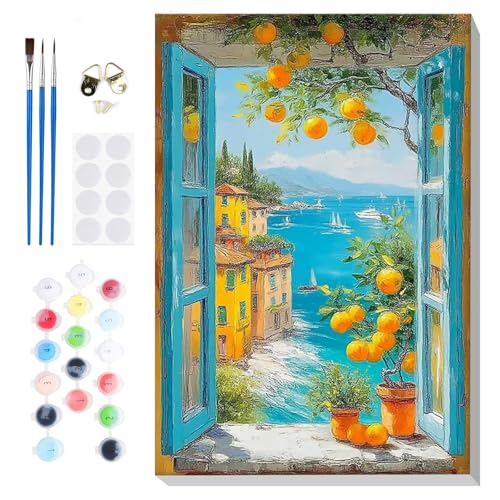 Bowetile Framed Paint by Numbers Landscape Kit for Adults, Adults' Paint-by-Number Kits on Canvas, Painting by Numbers Lemon, DIY Acrylic Number Painting for Home Wall Decor, 8x12in - color: Landscape, Lemon