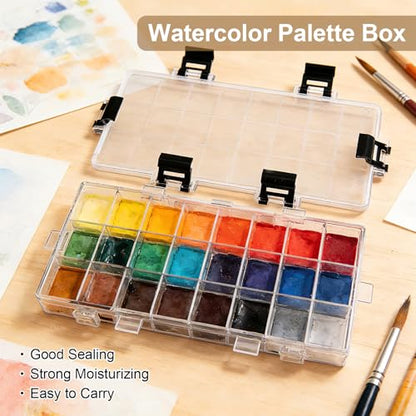 WANDIC Palette Box, 1 Piece 24-Well Empty Watercolour Box Paint Storage Palette Box for Acrylic and Oil Paint Gouache Paint Containers with Lids - color: 24-well